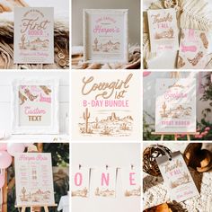 pink and gold wedding stationery on display in multiple photos, including one with the bride's name