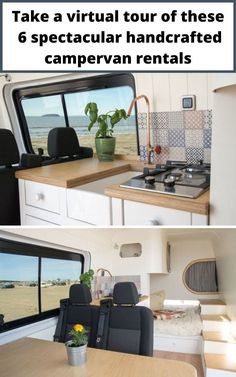 the inside and outside of a camper that has been converted into a kitchen area