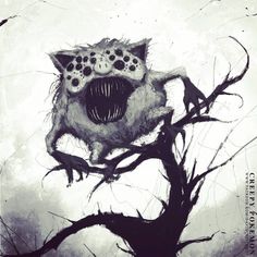 a black and white drawing of a cat on a tree branch with its mouth open