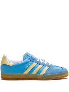 sky blue/yellow technical jersey leather/suede panelling signature trefoil logo patch at the tongue signature 3-Stripes logo contrasting heel counter front lace-up fastening round toe branded insole vulcanised-rubber sole Colorful Adidas Shoes, Blue And Yellow Adidas, Adidas Samba Black, Adidas Suede, Adidas Gazelle Indoor, Yellow Sneakers, Bag Women Fashion, 2024 Christmas, Swag Shoes