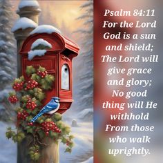 a red mailbox with a blue bird sitting on top of it and the words, jesus