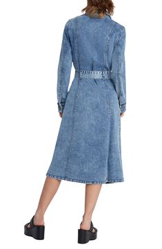 This denim shirtdress is designed in a longline silhouette with cargo pockets and a removable tie belt. 46 1/2" length Spread collar Long sleeves with one-button cuffs Removable tie belt Unlined 96% cotton, 3% polyester, 1% spandex Machine wash, tumble dry Imported Chic Denim Blue Shirt Dress With Pockets, Fitted Collared Belted Denim Dress, Fitted Collared Denim Dress With Belt, Denim Blue Workwear Shirt Dress With Pockets, Workwear Denim Blue Shirt Dress With Pockets, Denim Blue Shirt Dress With Pockets For Work, Chic Belted Button-up Denim Dress, Belted Midi Denim Dress For Work, Medium Wash Knee-length Shirt Dress With Pockets