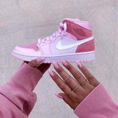 Jordan 1 Digital Pink, Jordan 1 Mid Digital Pink, All White Jordan 1, Air Jordan 1 Mid Digital Pink, Custom Air Jordan 1, Women Street Fashion, Air Jordan Nike, Sneakers Nike Air, Painted Sneakers