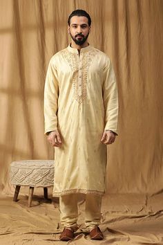 Yellow kurta with zardosi embroidery. Paired with a salwar. - Aza Fashions Traditional Raw Silk Lawn Suit With Dabka Work, Eid Katan Silk Sets With Resham Embroidery, Unstitched Raw Silk Traditional Wear For Eid, Eid Salwar Kameez With Cutdana And Jamawar Fabric, Eid Salwar Kameez With Cutdana And Jamawar, Traditional Raw Silk Lawn Suit For Eid, Traditional Gold Chanderi Lawn Suit, Traditional Wear With Dabka Work For Ceremonies, Traditional Raw Silk Lawn Suit For Festive Occasions