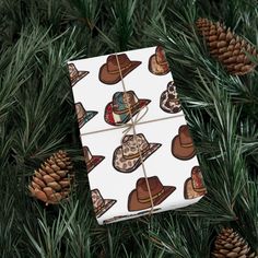 a wrapping paper with hats on it is tied to a pine tree and surrounded by cones