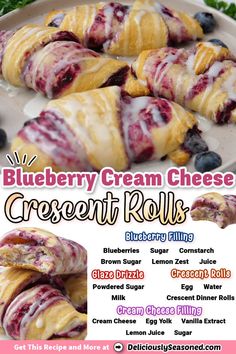 blueberry cream cheese crescent rolls on a white plate with text overlay that reads, blueberry cream cheese crescent rolls