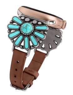 PRICES MAY VARY. 【Boho Chic & Western Design】This Western band compatible with Apple watch band offers unique look with well-crafted Western famine design. The turquoise stone and its surrounding drop design form the shape of a sunflower, symbolizing sunshine, happiness and hope. It's like a love letter to your wrist, with multiple romantic elements that will have you getting tons of compliments. 【Premium Material】Leather band compatible with Apple watch band is consisting of genuine leather, tu Western Iphone Watch Bands, Western Fitbit Bands, Tooled Apple Watch Band, Apple Watch Band Women, Apple Watch Bands Women, Classy Watch, Western Vintage, Apple Watch Accessories, Apple Watch Models