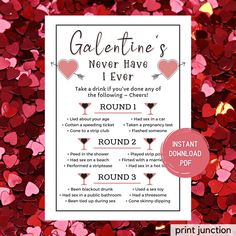 valentine's day party game with hearts and wine glasses on the table, surrounded by confetti