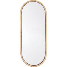 an oval mirror with gold trim on the edges and a wooden frame, against a white background