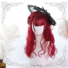 45CM Long Red Curly Cosplay Wig with Air Bangs Harajuku Wigs, Air Bangs, Red Wig, Anime Wigs, Long Curly Wig, Kawaii Hairstyles, Halloween Wigs, Short Hair Wigs, Red Wigs