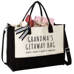 a black and white handbag with an image of grandma's getaway bag