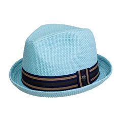 100% Toyo Premium Interior Lining 3 Sizes Available 5 Colors Available Ribbon Band Brim Size: 1.25" Crafted from 100% Toyo, the Peter Grimm Deppo Straw Fedora Hat exudes both style and substance. Its premium interior lining ensures comfort and durability, making it an ideal accessory for any occasion. With three sizes and five colors to choose from, finding the perfect fit and style is effortless. Adorned with a sleek ribbon band, this hat adds a touch of sophistication to any ensemble. Featuring a brim size of 1.25 inches, it strikes the perfect balance between classic charm and contemporary flair. Adjustable Sun Hat Cap For Kentucky Derby, Blue Adjustable Fit Hat For Spring, Blue Wide Brim Hat With Adjustable Fit, Casual Adjustable Blue Fedora, Blue Adjustable Spring Hat, Adjustable Blue Fedora Straw Hat, Blue Top Hat With Adjustable Short Brim, Light Blue Curved Brim Hat For Vacation, Adjustable Blue Top Hat With Short Brim