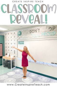 a woman standing in front of a whiteboard with the words classroom reveal on it