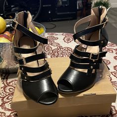 Black Strappy Leather Pumps, Size 9 Black Synthetic Heels With Buckle Closure, Black Ankle-high Sandals With Buckle Closure, Chic Black Heels With Buckle Closure, Black Evening Heels With Buckle Closure, Strappy Pumps, Leather Pumps, Shoes Black, Shoes Women Heels, Black Shoes