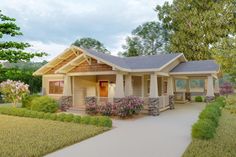 this is a computer rendering of a small house with porches and front yard landscaping