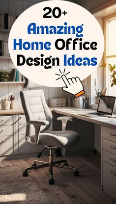 an office desk with a chair and computer on it, the words 20 amazing home office design ideas