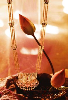 An exquisite lotus necklace in gold by Tanishq with diamonds, rubies, emeralds and pearls. Tanishq Jewellery, Gold Necklace Indian, Lotus Necklace, Gold Necklace Indian Bridal Jewelry, Necklace Indian, Antique Jewelry Indian, Gold Pendant Jewelry, Wedding Jewellery Collection