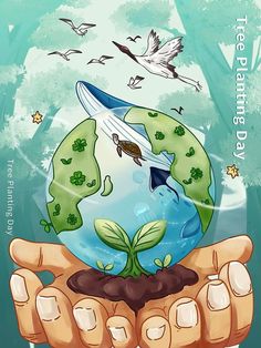 a hand holding up a small green globe with plants growing out of it and seagulls flying around