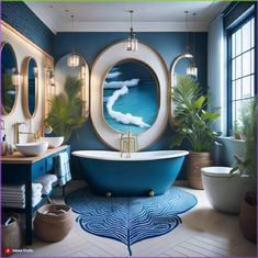 a bathroom with blue and white walls, an oval mirror above the bathtub and two sinks