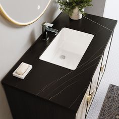 a bathroom sink sitting on top of a black counter next to a mirror and potted plant