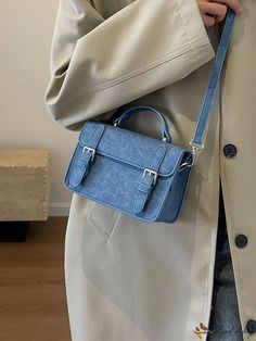 BirdinBag - Chic College-Style Square Crossbody Bag with Flap Buckle Decoration - Mini Blue Rectangular Baguette Bag With Large Capacity, Trendy Blue Top Handle Baguette Bag, Blue Satchel Baguette Bag With Detachable Strap, Blue Crossbody Baguette Bag With Detachable Strap, Blue Baguette Satchel Bag With Detachable Strap, Blue Rectangular Baguette Bag With Adjustable Strap, Blue Satchel Box Bag With Mobile Phone Holder, Blue Satchel Box Bag For Mobile Phone, Light Blue Satchel Shoulder Bag With Detachable Strap