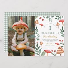 the first birthday card features an image of a baby in a mushroom hat