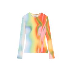 Monse mesh top in a rainbow heatwave effect Crew neckline Long sleeves Slim fit Pullover style Polyester Dry clean Imported Rainbow Fitted Crew Neck Top, Fitted Rainbow Crew Neck Top, Fitted Multicolor Mesh Top With Crew Neck, Fitted Multicolor Mesh Top For Spring, Multicolor Stretch Mesh Top For Spring, Stretch Multicolor Mesh Top For Spring, Trendy Rainbow Print Long Sleeve Tops, Fitted Multicolor Tops With Rainbow Print, Fitted Multicolor Mesh Top With Long Sleeves