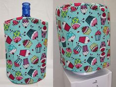 two different views of the same bottle cover, one with cupcakes on it