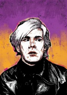 This is a pop art style portrait of Andy Warhol. It is a combination of pen and ink line art and pop art with a vibrant background of purple and gold. Andy Warhol Drawings, Graphic Effects, Line Art Drawing, Pop Art Portraits