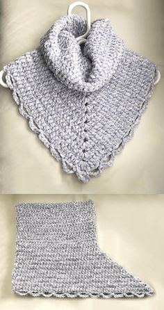 two crocheted scarves are shown on a white surface, one is gray and the other is light blue