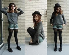 bricks 2014 Tumblr, Sweater Shorts, Quick Silver, Shorts Tights, Hats Winter, Sparkly Sweater, Right To Choose, Bowler Hat, Hipster Outfits