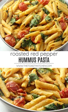 two images of roasted red pepper hummus pasta with spinach and tomatoes in a white bowl