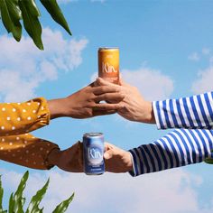 three people holding up cans of beer in front of blue sky and green plants with clouds