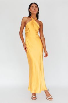 for Franny? Festive Yellow Maxi Dress, Formal Beach Wedding Attire Guest, Elegant Orange Halter Neck Maxi Dress, Chic Yellow Halter Neck Maxi Dress, Yellow Wedding Guest Dress, Yellow Halter Dress, Yellow Satin Floor-length Dress, Yellow Silk Floor-length Maxi Dress, Orange Bridesmaid Dress