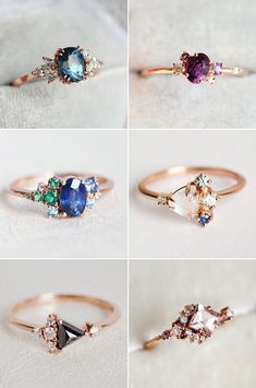 four different types of rings with diamonds and sapphires on each side, all in gold