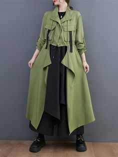 Loose Long Sleeves Drawstring Split-Joint Lapel Trench Coats ARMY GREEN-One_size Spring Trench Coat, Spring Trench, Office Vintage, Style Oversize, Black Army, Long Coat Women, Trench Coat Black, Casual Office, Trench Coats Women