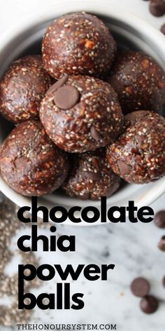 chocolate chia power balls in a white bowl with chocolate chips around it and text overlay