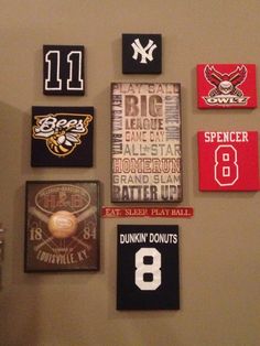 the wall is decorated with baseball memorabilia