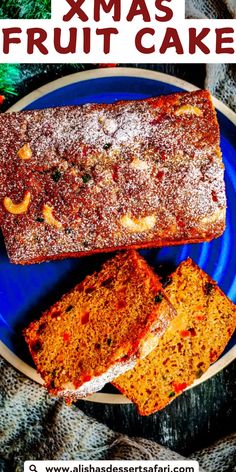 two slices of fruit cake on a blue plate with text overlay that reads xmas fruit cake