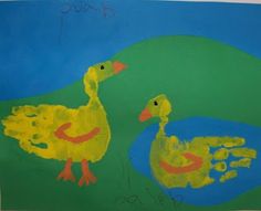 a child's drawing of two yellow ducks in the water with green grass and blue sky