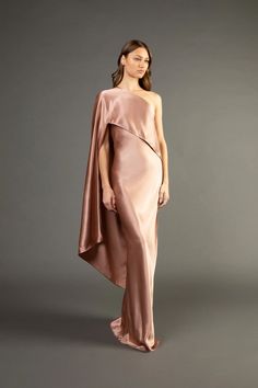 Asymmetrical gown with cape - blush (preorder) – Michelle Mason Turtle Neck Gown, Cape Dress Long, Asymmetrical Gown, Gown With Cape, Allure Wedding Dresses, Silk Bridesmaid Dresses, Linen Wedding Dress, Silk Cape, Chic Clothing Style