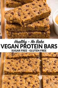 healthy no bake vegan protein bars are stacked on top of each other and ready to be eaten