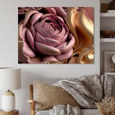 a living room scene with focus on the large pink and gold flower canvas wall art