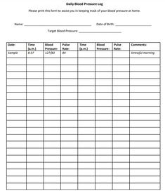 sample blood pressure log is shown in the form of a blank sheet, with lines and numbers