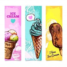 three ice cream banners with different flavors