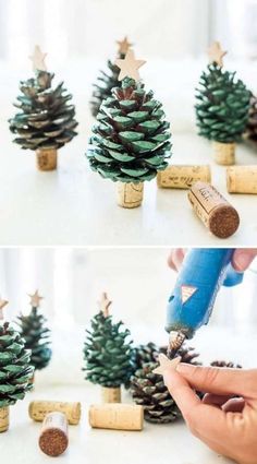 two pictures of small pine trees with corks on them and one is being used to make