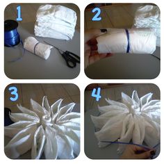 four pictures showing how to make an origami flower out of toilet paper and yarn