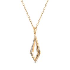 Give your look a modern edge when you wear this smart diamond inverted kite pendant in 10K gold. Fashioned in warm 10K gold Diamond shimmer along an elongated open kite shape and a ribbon that frames most of the design. Polished details add interest to the look. Radiant with 1/4 ct. t.w. of diamonds This pendant suspends along an 18.0-inch rope chain that secures with a spring-ring clasp. Kite Ring Setting, Kite Cut Diamond Ring, Kite Shaped Ring, Kite Shaped Necklace, Rope Chain, 10k Gold, Spring Rings, Gold Diamond