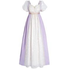 a white and purple dress on a mannequin headdress with lace detailing