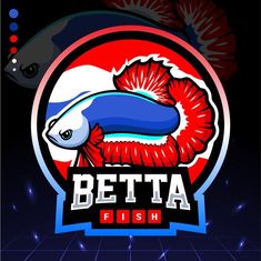 the betta fish logo is displayed on a dark background with red and blue colors